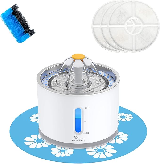 Wonder Creature Fontaine à eau en acier inoxydable pour chat, fontaine à chat de 2,4 L avec fenêtre de niveau d'eau et lumière LED pour alerte de manque d'eau, fontaine pour chat et chien avec 3 filtres et 1 tapis