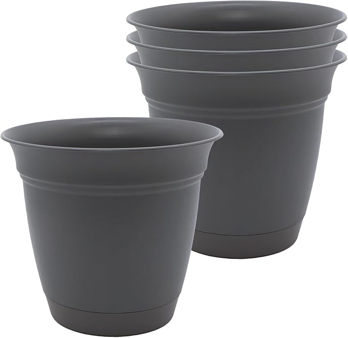 The HC Companies 8 Inch Eclipse Round Planter Pots with Drainage Holes & Attached Saucer, Lightweight UV-Resistant Plastic Indoor Outdoor Planters, 4-Pack Flower Pots for Garden Home Decor, Warm Gray