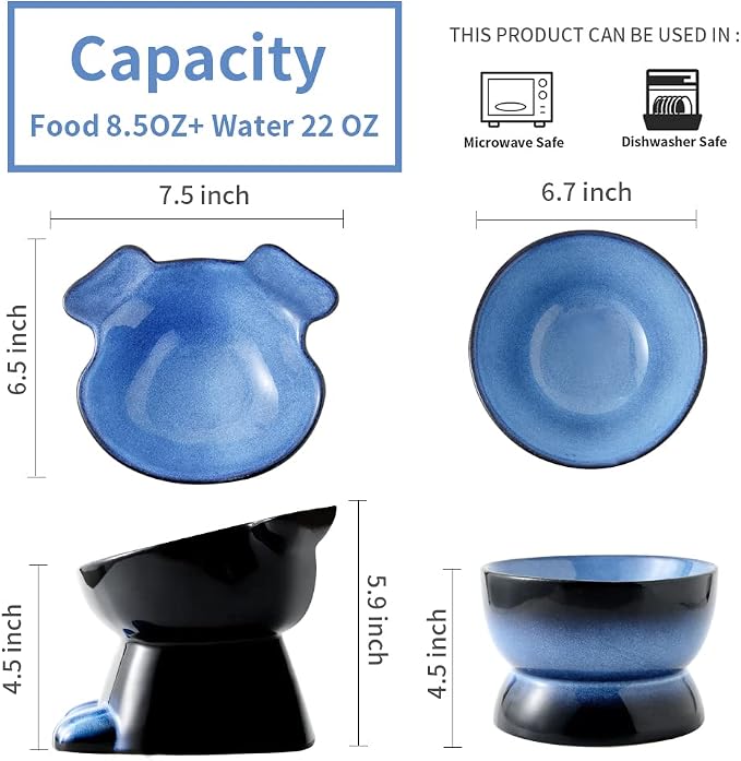 Nihow Dog Food & Water Bowls: Elevated Ceramic Bowls for Medium/Small Dog | Food Safe Raised Puppy Bowls - Vivid Blue Pet Bowl for Protecting Pet's Spine (Set of 2)