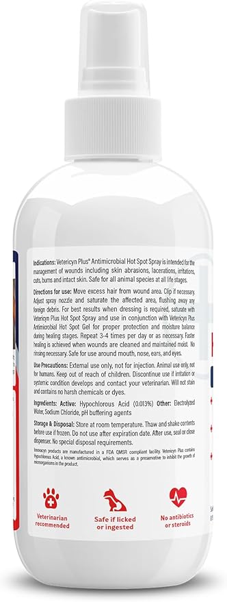Vetericyn Plus Hot Spot Spray for Dogs Skin Sores and Irritations | Itch Relief for Dogs and Prevents Chewing and Licking at Skin, Safe for All Animals. 8 Ounces
