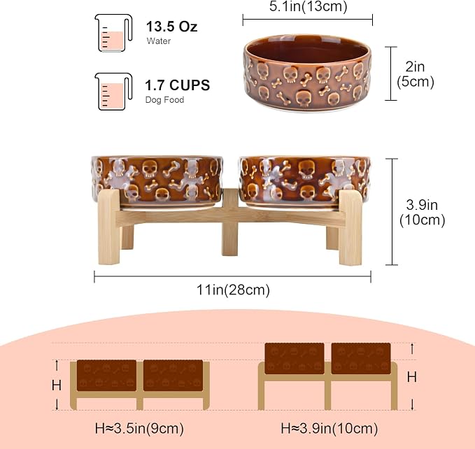 SPUNKYJUNKY Elevated Dog Bowls Ceramic, 5.1'' Dogs and Cat Food Water Bowls Raised with Non-Slip Bamboo Stand for Puppy Small Sized Breed Microwave Dishwasher Safe - 13.5 OZ,Skull Bronze