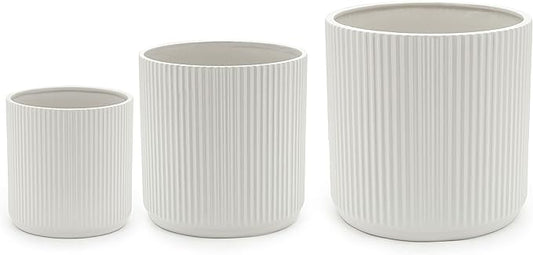 Amazon Basics Fluted Ceramic Planters for Indoor Outdoor Plants, Round Flower Pots with Drainage Hole, Set of 3, 6 inch, 8 inch, 10 inch, White