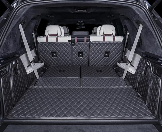 for BMW X7 2+3+2 Seater Trunk Mat Cargo Cover Dog Liner Boot Liner Full Coverage 3D Laser Measured (Trunk Mat+2nd Row Backrest Mat+3rd Row Backrest Mat+Both Sides Panel) (Black/Black