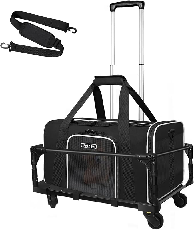 Small Pet Carrier 18"x13"x9.5" with Wheels Airline Approved, Black | for Southwest Airlines, Lockable Safety Zippers and Anti-Scratch Mesh, Pets Under 10 lbs