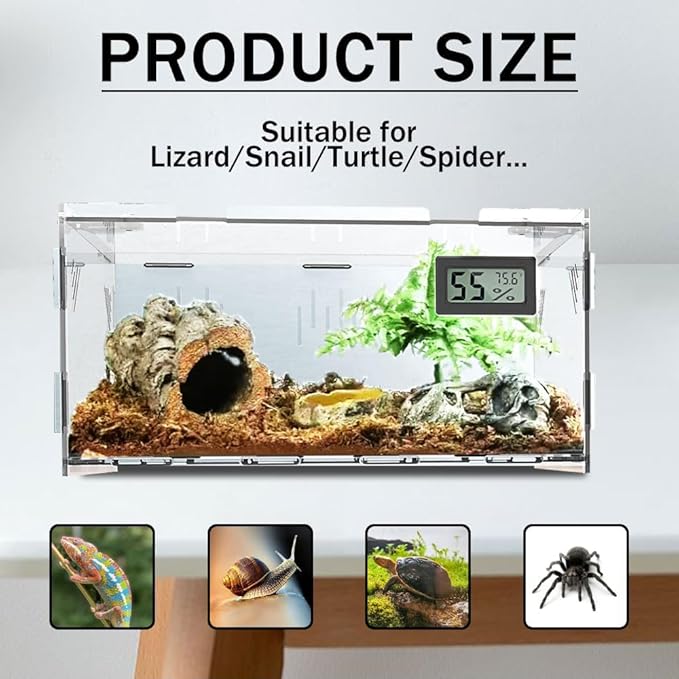 Acrylic Reptile Breeding Box Terrarium Cage Tank, 11.8"x7.9"x5.9", with Temperature Hygrometer, for Small Reptiles, Snakes, Insects, Home Office