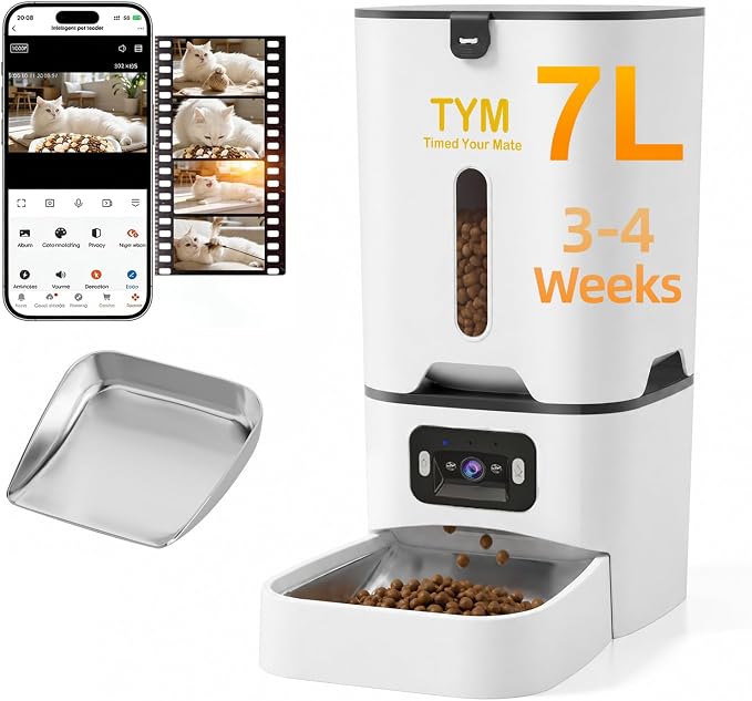 TYM Automatic Cat Feeder with Camera, 5G WiFi Food Dispenser for Small Pets | Two-way Voice | Night Vision | Separation Anxiety | Weight / Diet Control | Programmable Timer | APP Remote Control