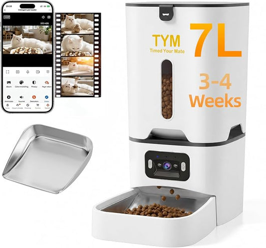 TYM Automatic Cat Feeder with Camera, 5G WiFi Food Dispenser for Small Pets | Two-way Voice | Night Vision | Separation Anxiety | Weight / Diet Control | Programmable Timer | APP Remote Control