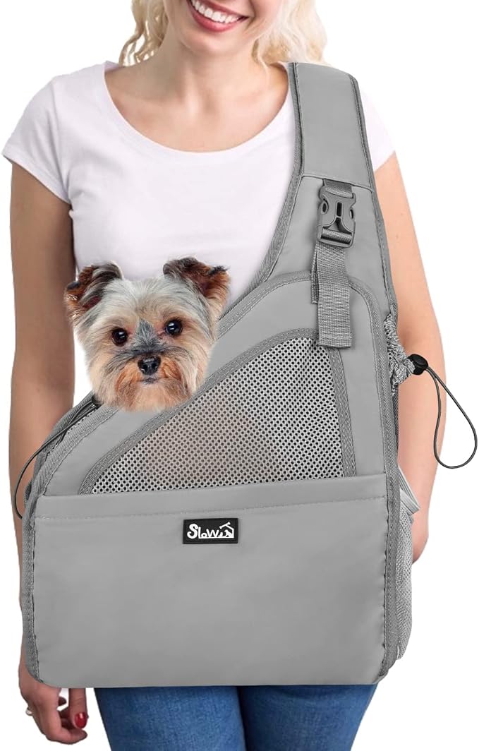 SlowTon Dog Sling Carrier, Hands Free Hard Bottom for Small Dogs up to 11lb | Breathable Mesh Support, Adjustable Padded Strap, with Pocket Safety Belt, Machine Washable, for Small Animal Puppy, Grey