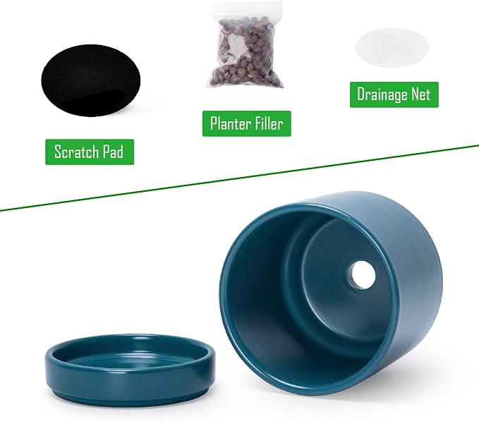 D'vine Dev 4.7 Inch Ceramic Planter Pot, Teal, 94-O-B-9 | Modern Cylinder Design, Drainage Hole & Saucer Included, Stable Structure, Elegant Home Accent