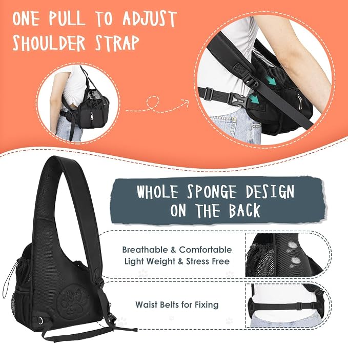SlowTon Dog Sling Carrier, Hands Free Hard Bottom for Small Dogs up to 6 lb | Breathable Mesh Support, Adjustable Padded Strap, with Pocket Safety Belt, Machine Washable, for Short Legs Small Animal