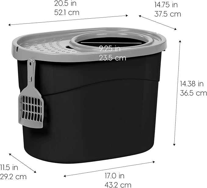 IRIS USA Cat Litter Box Large Top Entry with Lid Enclosed Covered Hooded Design Litter Catching Scatter Shield Pan Dog Proof Pet Proof Scoop Included Odor Control for Indoor Cats Kittens Black/Gray