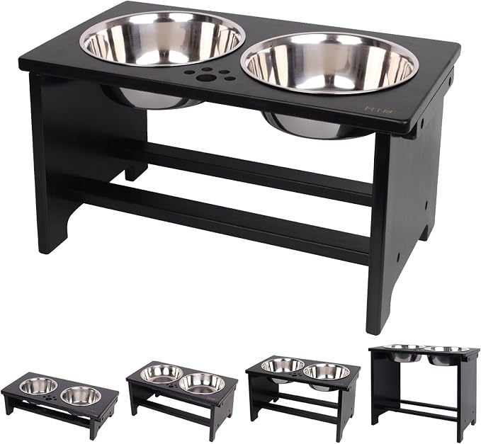 HTB Elevated Dog Bowl Stand with 2 Stainless Steel Bowls-10 H Large Black | Raised Dog Bowl Stand, 10"tall, 48 Oz Bowls, for Large Sized Dogs, Pet-safe, Solid Bamboo