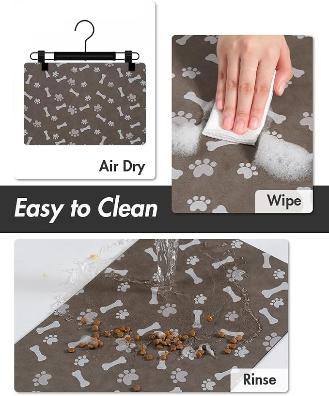 MontVoo Dog Food Mat-Pet Feeding Mat for Food and Water-No Stains Quick Dry Dispenser Cat Bowl Mat for Messy Drinkers(17"x34" Brown)