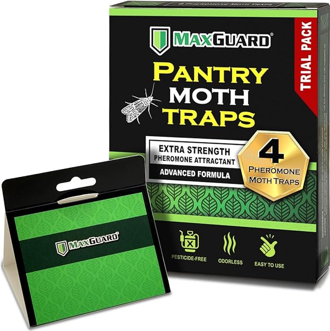 MaxGuard Pantry Moth Traps (4 Traps Trial Pack) Extra Strength Pheromones | Non-Toxic Sticky Glue Trap for Food and Cupboard Moths in Your Kitchen | Trap and Kill Seed Grain Flour Meal Moths |