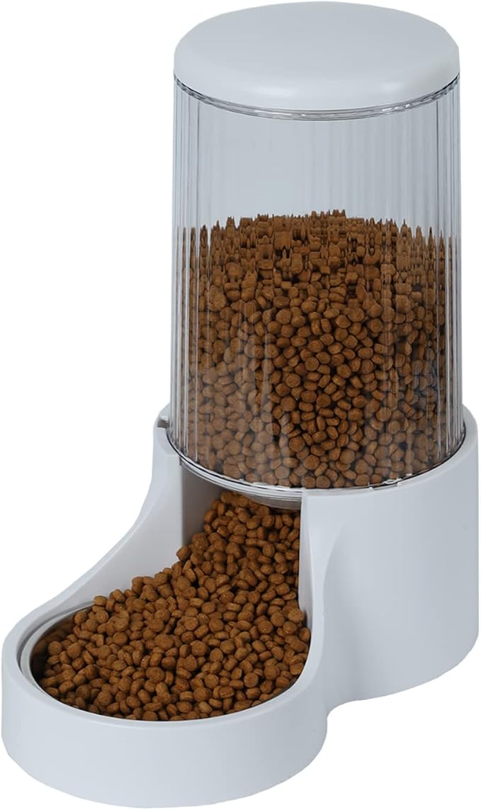 Automatic Cat Feeder, 3.8L Large Gravity Cat Food Dispenser with Detachable Top Lid, Visible Bottle and Stainless Steel Bowl for Pets (White)