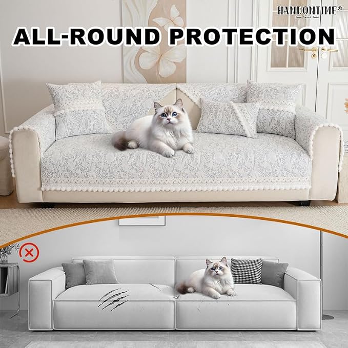 HANDONTIME Floral Chenille Couch Cover for Pets – Plush Fringed Edges, Washable & Non-Slip Sofa Protector, Pet-Friendly Dog Bed Cover for Couches and Sectionals (Light Grey,35.4" x 63")