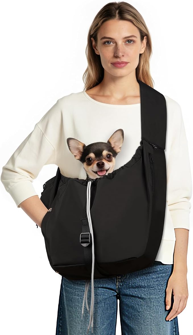 Dog Carrier Sling, Puppy Carrier Sling 20 lbs, Black | Dog Carriers for Small Dogs & Cats With Pockets, Machine Washable, Adjustable Shoulder Strap, Hands Free for Outdoor Use