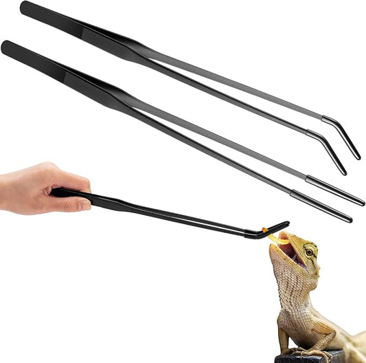 Lasnten 2 Pcs Extra Long Stainless Steel Reptile Feeding Tongs with Rubber Tip 15 Inch Bearded Dragon Aquarium Straight and Curved Long Tweezer Terrarium Feeder Tool for Tank(Black)