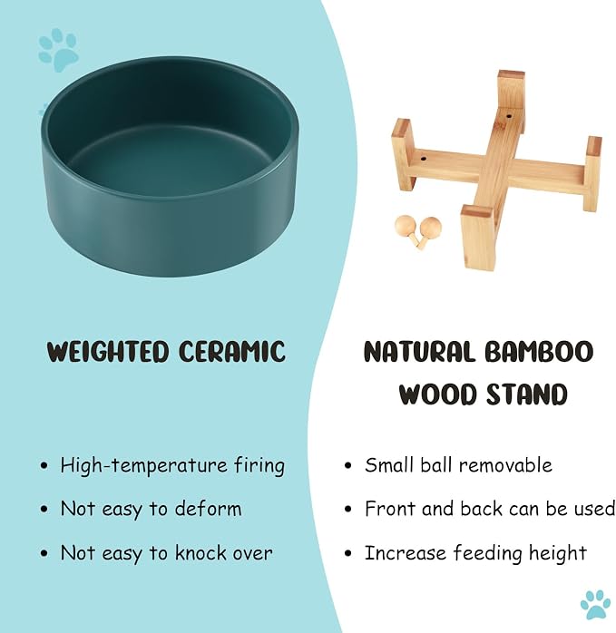 SPUNKYJUNKY 15° Slanted Ceramic Dog and Cat Bowl with Wooden Stand, Tilted Bulldog Food and Water Bowl No Slip Non-Spill for Cats Medium Dogs Big Face Pets 28.7 OZ (3.6 Cups, Green)
