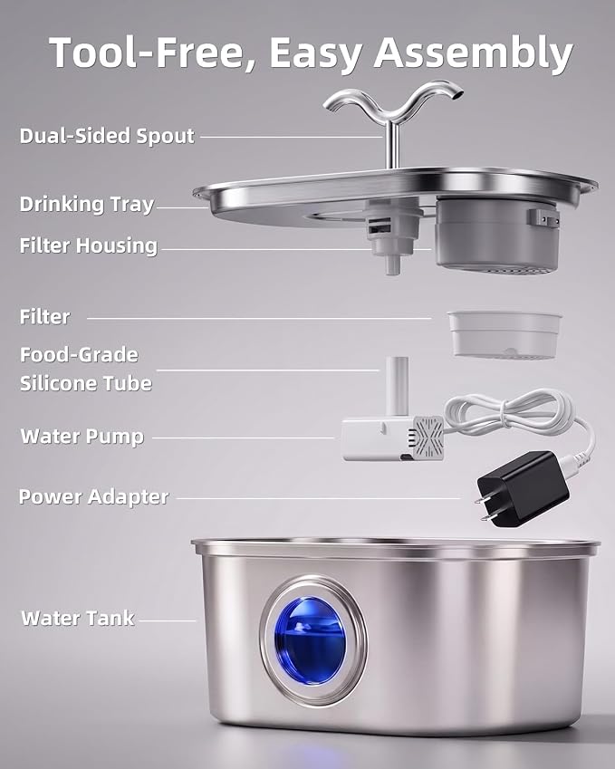 3.2L/108oz Stainless Steel Cat Water Fountain Pet Fountain | Automatic Pet Water Dispenser - Self-Designed Filtration System - Ultra-Quiet Pump - Easy Cleaning & Maintenance (6 Filters)