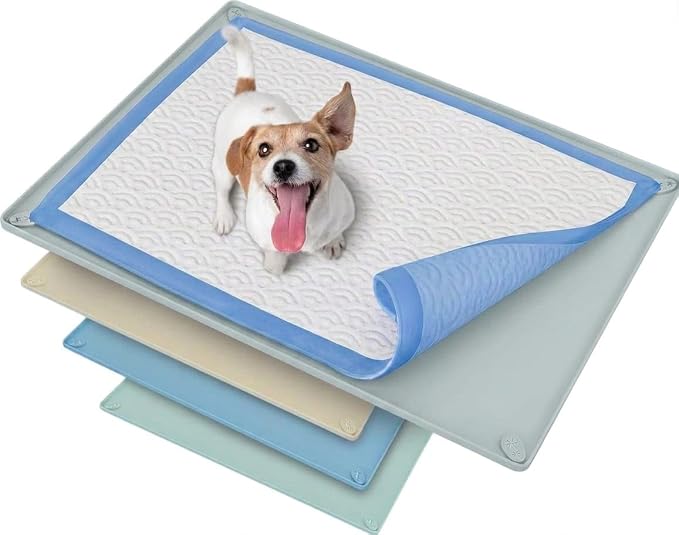 Dog Pee Pad Holder Tray Fits for 30” x 23” Pee Pads - 1 Pack - Sky Grey | Corner Lock Holes, Raised Edges, Non-Spill, Easy to Clean Silicone Dog Potty Tray Holder, For Indoor Floor Protection