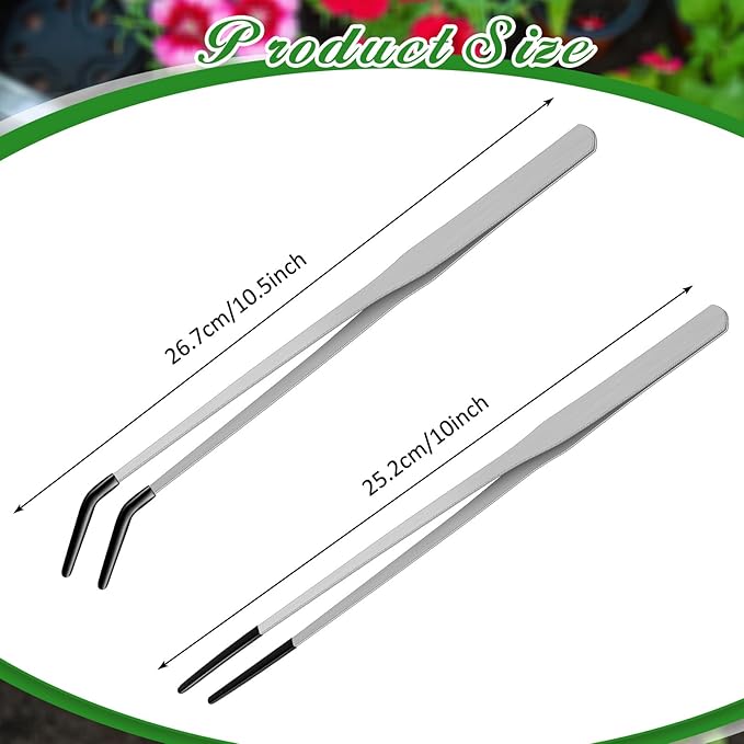 Lasnten 2 Pcs Extra Long Stainless Steel Reptile Feeding Tongs with Rubber Tip 10 Inch, 10.5 Inch Bearded Dragon Aquarium Straight and Curved Long Tweezer Terrarium Feeder Tool for Tank(Silver)
