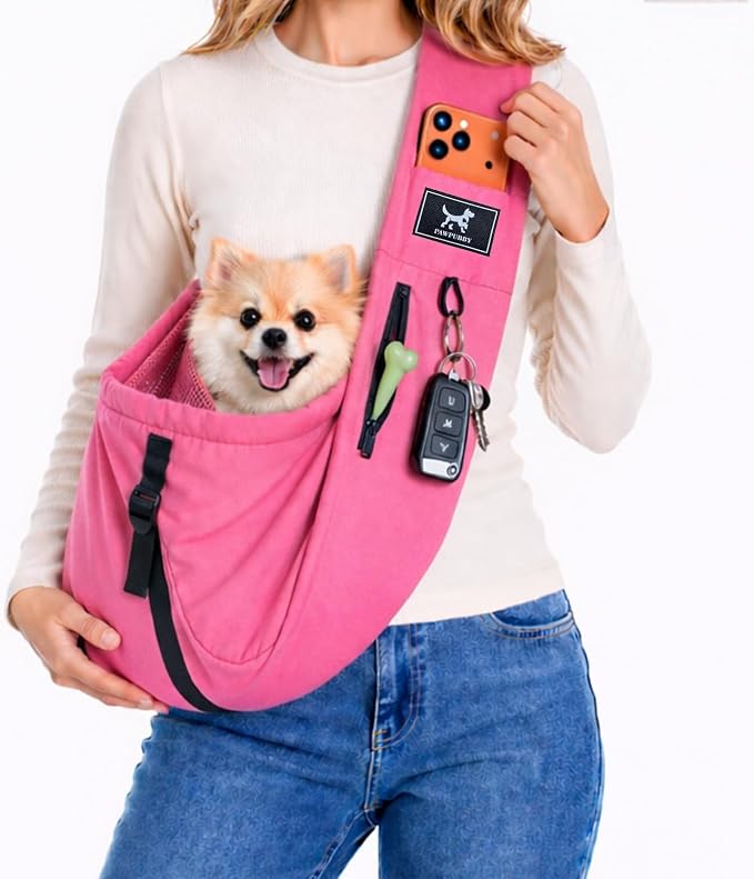 Dog Sling Carrier for Small Dogs & Cats 5-20 lbs, Adjustable Depth | Breathable Air Mesh Puppy Sling, Water-Resistant Travel Bag, Double Safety Leash, Machine Washable, Hands-Free Pouch, Fuchsia
