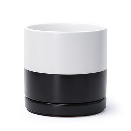 D'vine Dev 8.2 Inch Ceramic Planter Pot, Black White Two Tone, 94-O-D-L | Modern Cylinder Design, Drainage Hole & Saucer Included, Stable Structure, Elegant Home Accent