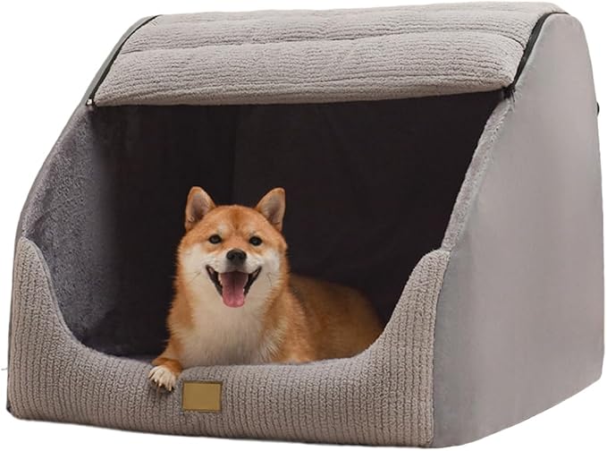 Large Dog House Indoor, Soft Plush Dogs Cave Bed Covered Pet Bed with Fluffy Washable Cushion, Portable Dog/Cat Pet Tent House for Medium Large Dogs (Grey, Medium)