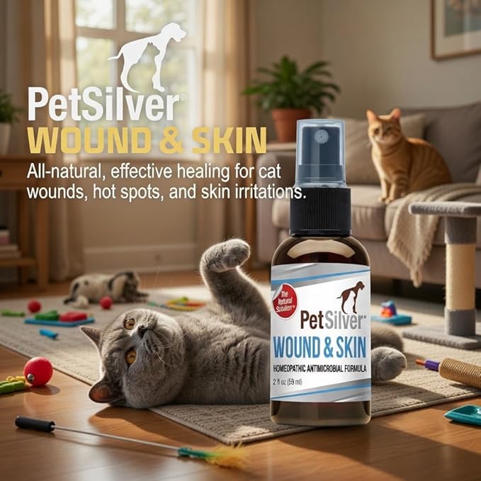 PetSilver Wound & Skin Spray for Cats - Chelated Silver, Superior to Colloidal Silver - Wound Care, Allergy & Itch Relief, Hot Spot Treatment for Cats - Natural Skin Soother - Made in USA - 2 fl oz
