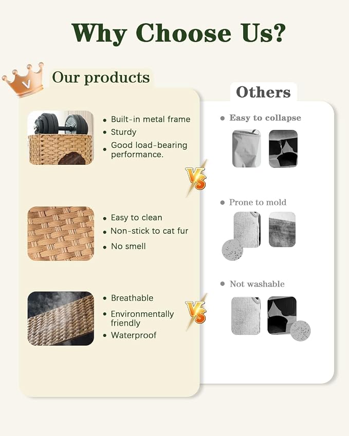 SETVSON Cat House for Indoor Cat, Small Handwoven PE Rattan Kitten Cave | Two-Tier Cozy Pet Nest with One Double-Sided Pad, Waterproof Handwoven PE Rattan Basket, Easy to Clean, 13x13x13.7 In