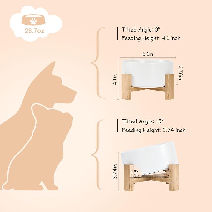 SPUNKYJUNKY 15° Slanted Ceramic Dog and Cat Bowl with Wooden Stand, Tilted Bulldog Food and Water Bowl No Slip Non-Spill for Cats Medium Dogs Big Face Pets 28.7 OZ (3.6 Cups, White)
