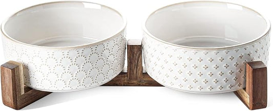 LE TAUCI Dog Bowls Ceramic for Small Medium Dogs - 3-Cup Dual Food & Water Bowl Set with Acacia Wood Stand, Non-Slip Anti-Tip Elevated Design