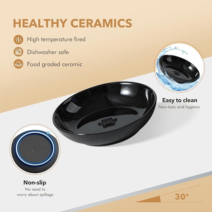Havniva Elevated Cat Bowls, Cat Food and Water Bowl Set, Ceramic Cat Bowl | Raised Cat Food Bowls, Whisker Friendly, 5.6” Shallow Cat Dishes + 6” Wide Cat Plates, Non-Slip Wood Stand, Two Heights