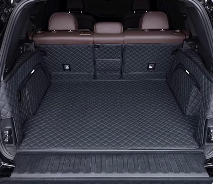 Car Cargo Mat Compatible with B-MW X5 5 Seater 2014-2018 Backrest Mat+Trunk Mat+Hight Side Mat Full Coverage Trunk Liner Luxury Leather-Black with Black Stitching