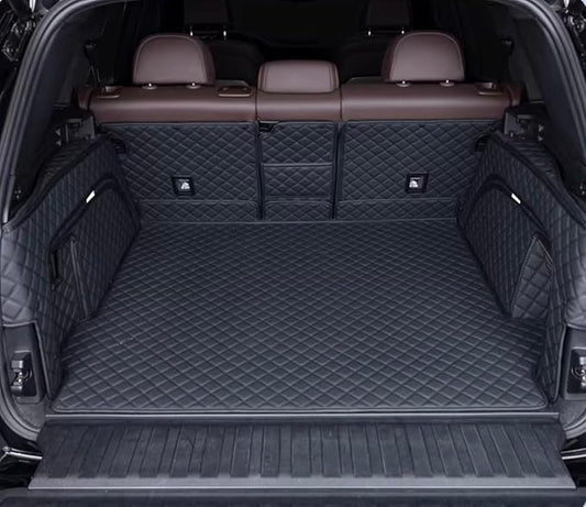 Car Cargo Mat Compatible with B-MW X5 5 Seater 2014-2018 Backrest Mat+Trunk Mat+Hight Side Mat Full Coverage Trunk Liner Luxury Leather-Black with Black Stitching