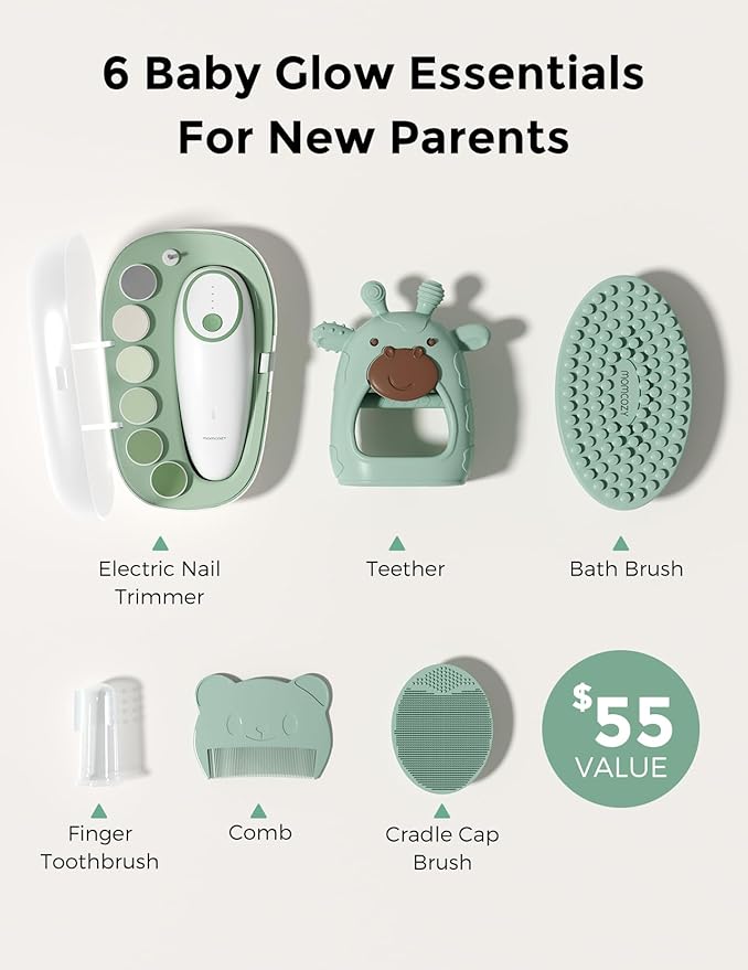 Momcozy Baby Kit, Baby Shower Gift Must-Haves & Registry Essential Kit | Grooming & Cleansing Care Set for Newborn, Electric Nail File, Teether, Bath Brush, Cradle Cap Brush, Comb, Finger Toothbrush