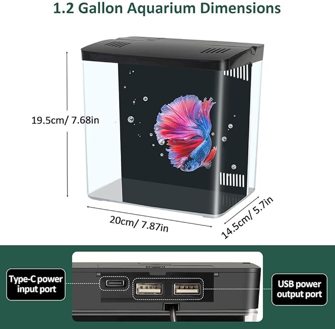 Small Fish Tank 1.2 Gallon Self Cleaning Betta Aquarium Starter Kit with Auto-Cycling Quiet Pump (Filteration & Oxygenation & Circulation) 5-Color LED Desktop Room Aquarium