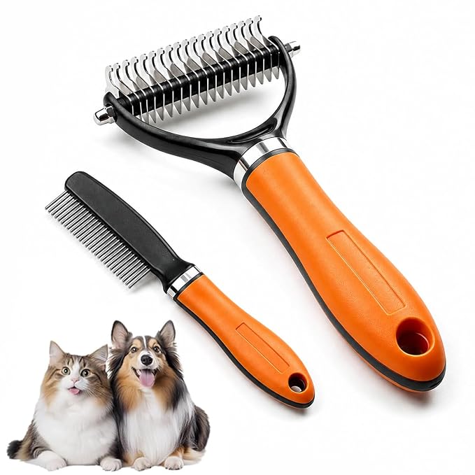 2026 Upgrade Double-Sided Pet Grooming Tool, Professional Pet Detangling Comb Removes Tangles Knots and Loose Fur, Gentle Deshedding Dog Cat Brush for Long Thick Hair (Orange)