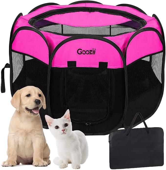 GOOZII Pet Cat Playpen for Indoor Cats Enclosed, Portable Foldable Dog Playpen Outdoor Tent Crate Cage with Zipper Top Cover Door for Kitten Puppy Outside Rv Car Camper (Small Size, Pink)