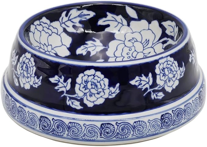 Aimusego Vintage Blue Ceramic Dog Bowls, Dog Food Feeding Dish for Medium Dogs Cats, Heavy Chinoiserie Porcelain Pet Bowl for Water,Durable & Easy to Clean-9inch