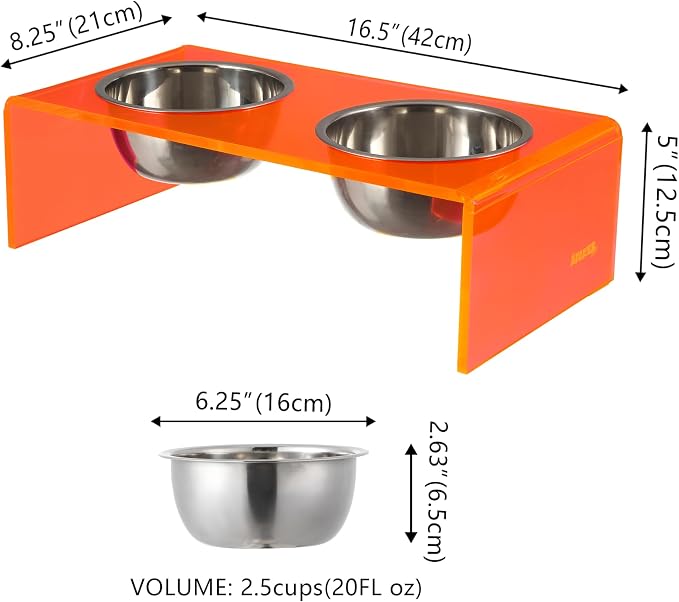 DBL2000E Keaton 5" Small/Medium Modern Acrylic Rectangular Elevated Pet Feeder with 20oz 2-Stainless Steel Bowls, Pink/Chrome
