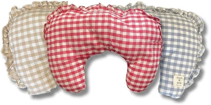 MOM N POP Organic Dog Pillow Bed, Calming Dog Head & Neck Pillow for Small, Medium Dog & Puppy, Handmade Organic Cotton Pet Cushion Bed, Washable Gingham Check Cushion – Beige/Blue (Red)