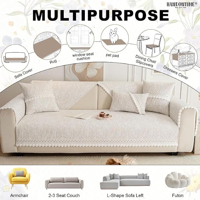 HANDONTIME Chenille Pet Couch Cover Floral Pattern – Soft Fringed Edges, Non-Slip Washable Sofa Slipcover, Jacquard Sofa Cushion Cover, Protects Furniture from Dogs, Cats & Kids (Khaki,35.4" x 82.7")