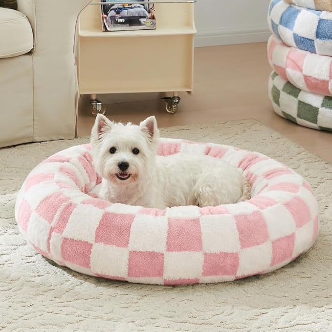 Ohocut Checkered Dog Bed, Cute Girly Pink Retro Style Aesthetic Round Warming Pet Calming Beds for Small Dog and Cats, Plush Cozy Donut Dog Beds Washable, 30" L x 30" W x 8" Th