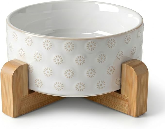 TRUVIC Ceramic Dog Bowl with Wood Stand, Jun Blanc Daisy Relief Dog Food and Water Bowl, 2 Cup/14 oz Puppy Food Bowl for Medium Dogs, Dishwasher Safe, Modern Geometric, Daisy