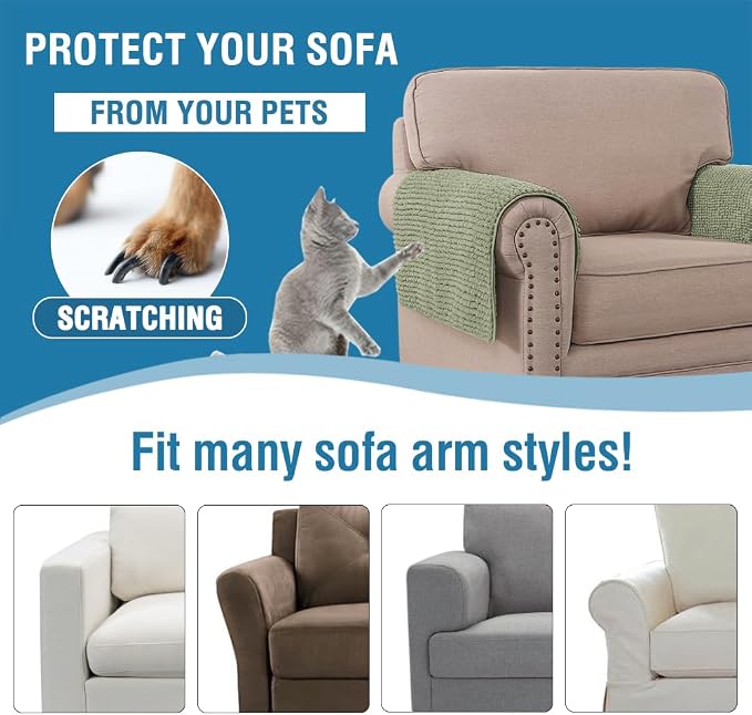 H.VERSAILTEX Plush Chenille Couch Armrest Cover 2 Packs Thick and Soft Sofa Covers Furniture Protector Cover for Pets (27.5" x 27.5", Sage)