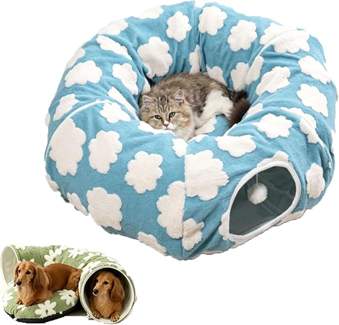 2026 New Tunnel Bed for Dachshund Dog,Dachshund Tunnel Bed - Flower Design Plush Foldable Dog Bed,Cat TunnelBed for Indoor Cats Tunnel Donut with Cushion and Play Ball,2 in 1,Detachable (B)
