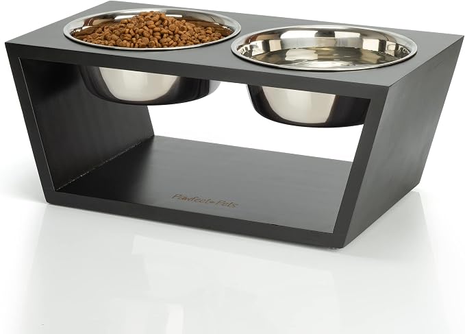 Elevated Dog Bowl Stand- 7" Raised Dog Bowl for Medium Dogs. Pet Feeder with Four Stainless Steel Bowls (Black)