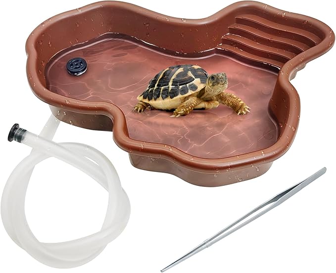 kathson Large Turtle Pool with Ramp and Hose, Tortoise Water Bowl Reptile Bathing Tub Amphibians Feeding Accessories for Bearded Dragon Lizard Frog Snake Gecko Scorpion Habitat (Brown)